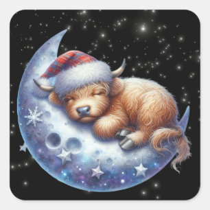 Santa Highland Koe Slaapt op de Maan Vierkante Sticker