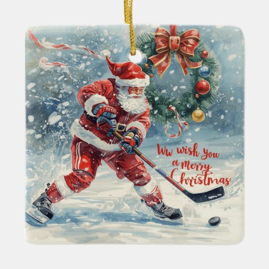 Santa Hockey Christmas Card  Keramisch Ornament (Voorkant)