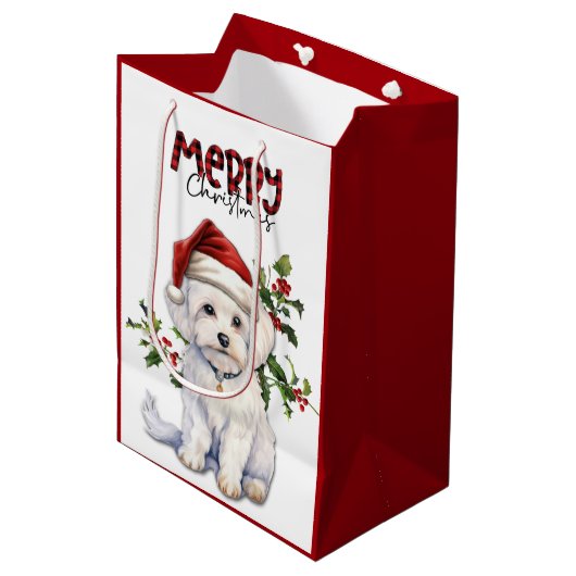 Santa Hoed Holly Maltese Hond Kerstmis Medium Cadeauzakje (Voorkant Gekanteld)