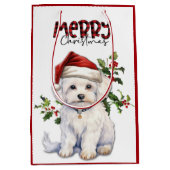 Santa Hoed Holly Maltese Hond Kerstmis Medium Cadeauzakje (Voorkant)