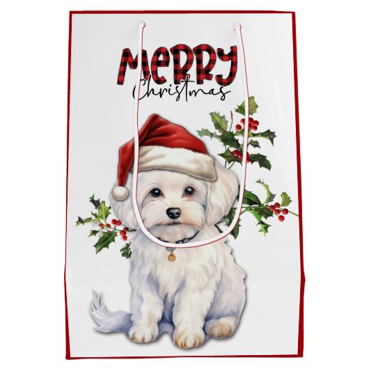 Santa Hoed Holly Maltese Hond Kerstmis Medium Cadeauzakje (Achterkant)