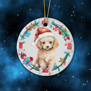 Santa Hoed Poedel Puppy Botkrans Keramisch Ornament