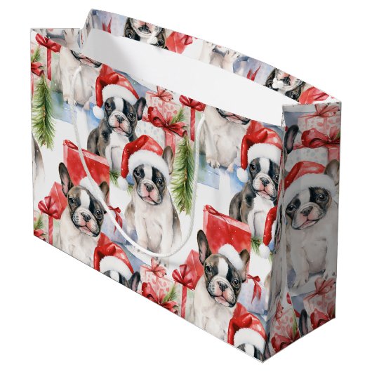 Santa Hoed Pups Frenchie Groot Cadeauzakje (Achterkant Gekanteld)