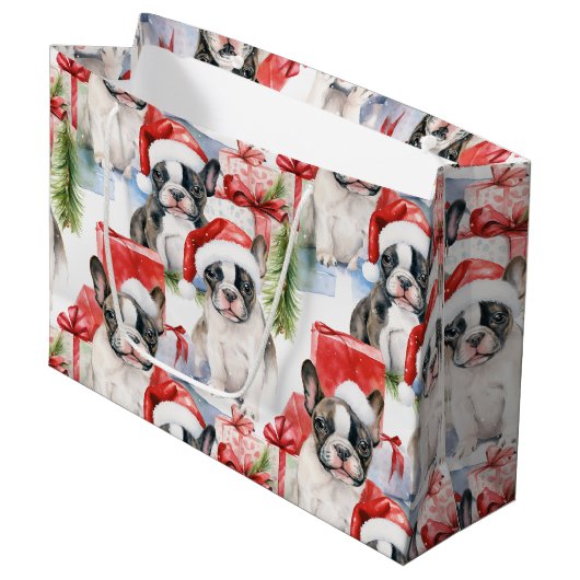 Santa Hoed Pups Frenchie Groot Cadeauzakje (Voorkant Gekanteld)