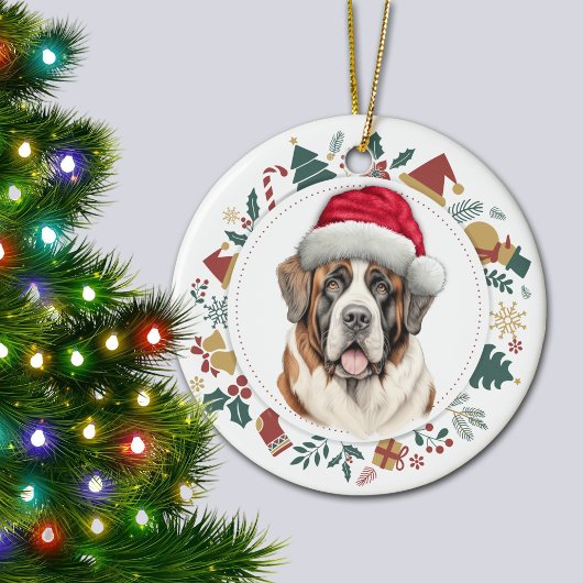 Santa Hoed Sint Bernard Hond Kerstkrans Keramisch Ornament