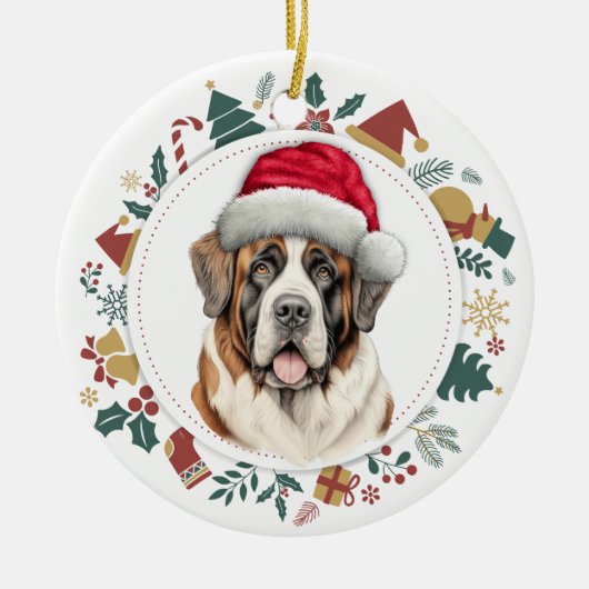 Santa Hoed Sint Bernard Hond Kerstkrans Keramisch Ornament (Voorkant)