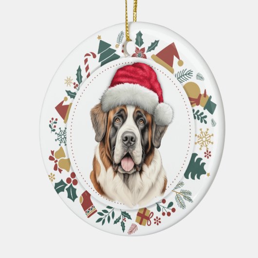 Santa Hoed Sint Bernard Hond Kerstkrans Keramisch Ornament (Links)