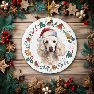 Santa hoed witte poedel hond kerst krans keramisch ornament