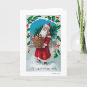 Santa Holding Basket of Toys Scene Feestdagen Kaart