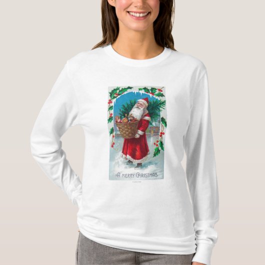 Santa Holding Basket of Toys Scene T-shirt (Voorkant)