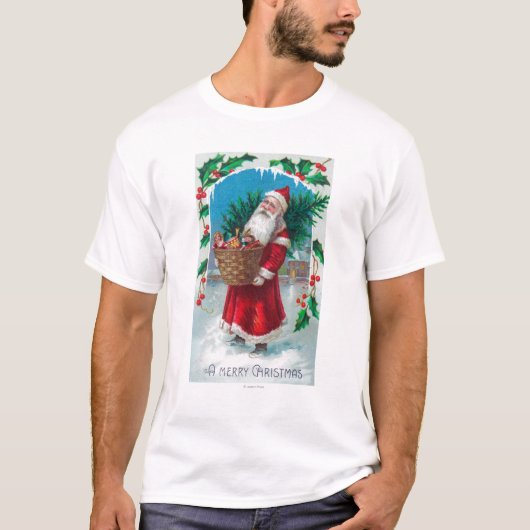 Santa Holding Basket of Toys Scene T-shirt (Voorkant)
