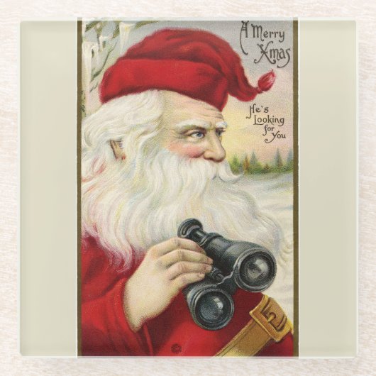 "Santa Holding"-binoculars Glazen Onderzetter (Voorkant)