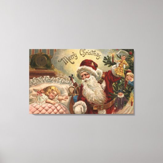 Santa Holding Doll, slaapmeisje Canvas Afdruk (Voorkant)