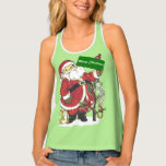 Santa Holding Green Christmas Sign Tree dieren Tanktop<br><div class="desc">Het racer back tank T-shirt van deze vrouw is lichtgroen met een schattige kerstman met een groen bord dat vrolijk kerstfeest zegt in de sneeuw naast een versierde kerstboom omringd door kleine dieren,  waaronder een rode vogel,  eekhoorn en konijn.</div>