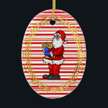 Santa Holding Menorah Chrismukkah Ornament<br><div class="desc">Dit is een traditionele kerstfeestelijke blik met snoeprietstrepen en rood. De voorkant is voorzien van de Kerstman die een Menorah vasthoudt. De achterkant kan worden gepersonaliseerd zoals u wilt. Ontworpen door: Sheila Cicchi,  Brownielocks.com. Alle rechten voorbehouden.</div>