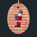Santa Holding Menorah Chrismukkah Ornament<br><div class="desc">Dit is een traditionele kerstfeestelijke blik met snoeprietstrepen en rood. De voorkant is voorzien van de Kerstman die een Menorah vasthoudt. De achterkant kan worden gepersonaliseerd zoals u wilt. Ontworpen door: Sheila Cicchi,  Brownielocks.com. Alle rechten voorbehouden.</div>
