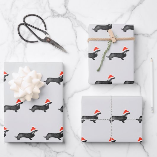 Santa holiday Christmas dachsund watercolor black Inpakpapier Vel (Voorkant)