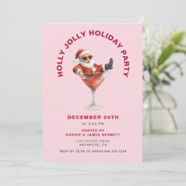 Santa Holly Jolly Christmas Party Pink & Red Kaart