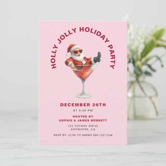 Santa Holly Jolly Christmas Party Pink & Red Kaart (Staand voorkant)