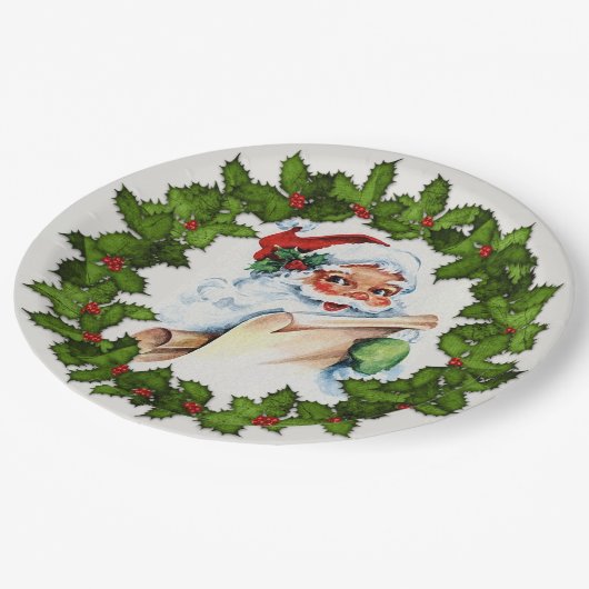 Santa Holly Krans Kerstfeest 9" Papieren Bordje (Gekanteld)