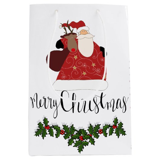 Santa Holly Mistletoe Gift Bag Medium Cadeauzakje (Voorkant)
