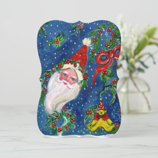 SANTA, HOLLYBERRIES, KROWNEN, CHRISTMAS PARTY Red  Kaart (Staand voorkant)