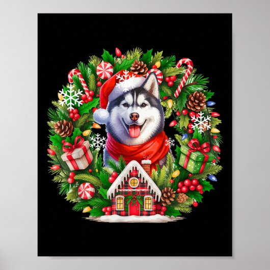 Santa Husky Christmas Floral Circle Matching Owner Poster (Voorkant)