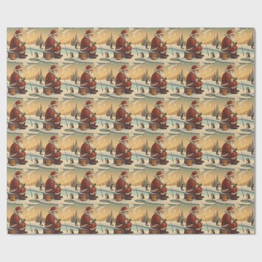 Santa Ice Fishing with Penguins Winter Scene Cadeaupapier (Vlak)