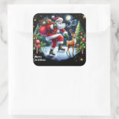 Santa Ice Schaatsen met rendieren bij nacht Vierkante Sticker (Tas)