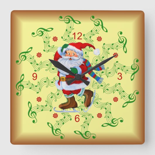 Santa ~ Ice-Schaatsen ~ Musical Scrolls ~ Kerstmis Vierkante Klok (Voorkant)