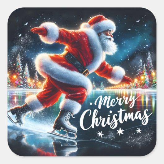 Santa Ice Skating Holiday Cheer Vierkante Sticker (Voorkant)