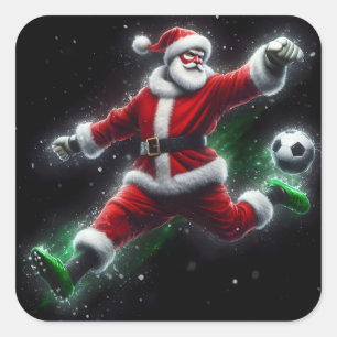 Santa in een rood pak schopt een Voetbal in stijl Vierkante Sticker