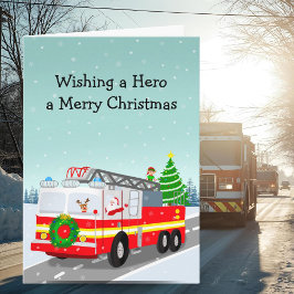 Santa in Firetruck Merry Christmas Hero Kaart