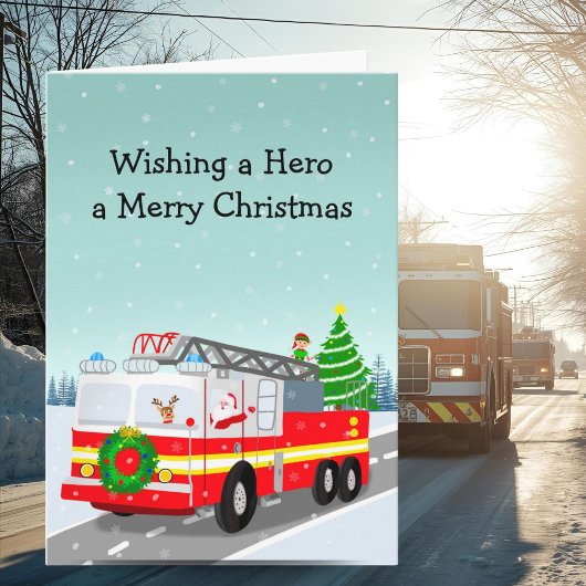 Santa in Firetruck Merry Christmas Hero Kaart