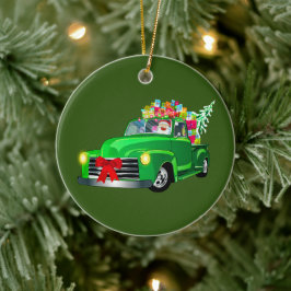 Santa in Green Pickup Truck Keramisch Ornament