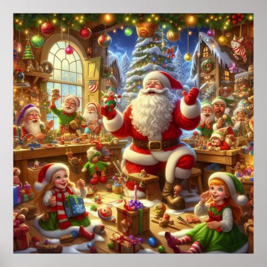 Santa in His Christmas Workshop With Toys Wall Poster (Voorkant)
