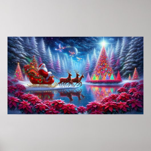 Santa in His Sleigh on Poinsettia Pond Wall Poster (Voorkant)