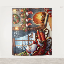Santa in Sleigh Resting door Haard Achtergrond Wandkleed