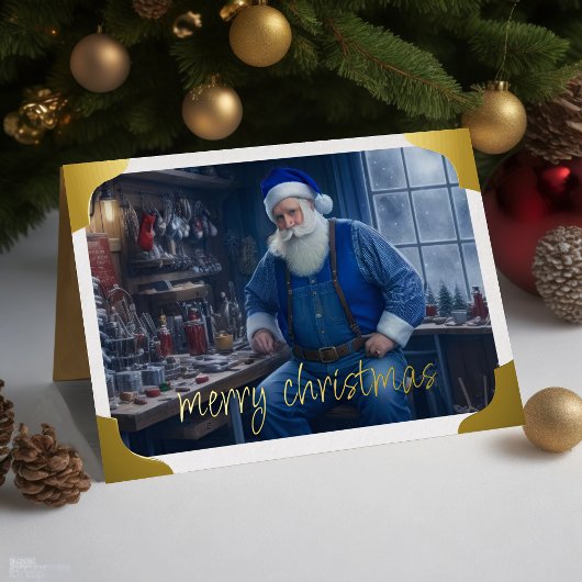 Santa in Workshop Blauw Feestdagen Kaart