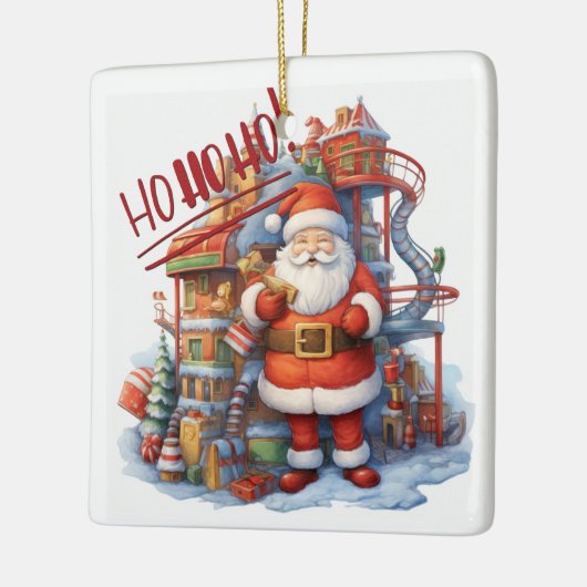 Santa in zijn Speelgoed Factory Keramisch Ornament (Links)