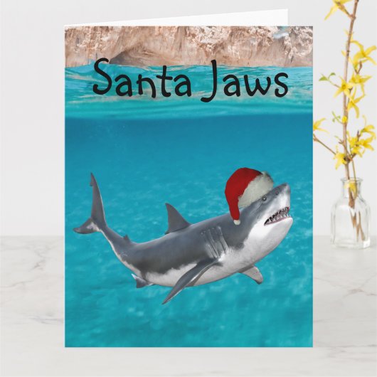 Santa Jaws Funny Kersthaai Kaart (Gele Bloem)