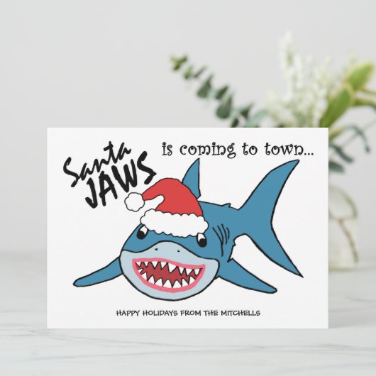 Santa Jaws | Funny Shark-kerstmis Feestdagenkaart (Staand voorkant)