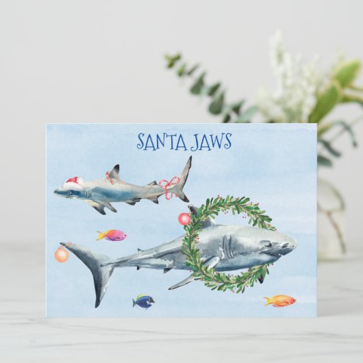 Santa Jaws Great White Kersthaai Feestdagenkaart (Staand voorkant)
