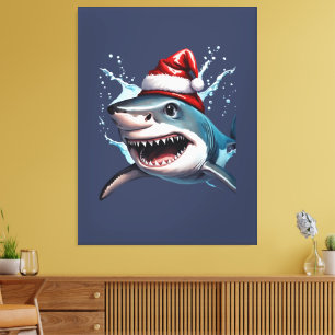 Santa Jaws Kerstmis Haai Cartoon Kunst Canvas Afdruk