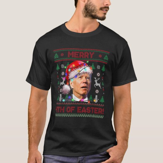 Santa Joe Biden Merry 4e van Pasen Xmas Lights T-shirt (Voorkant)