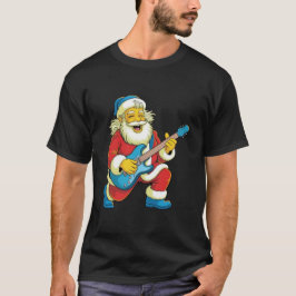 Santa joyfully playing guitar in xmas t-shirt