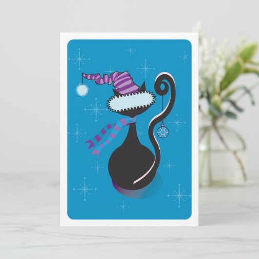 Santa Kat Blue Invite Kaart (Staand voorkant)