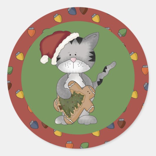 Santa Kat met Gingerbread Man Ronde Sticker (Voorkant)