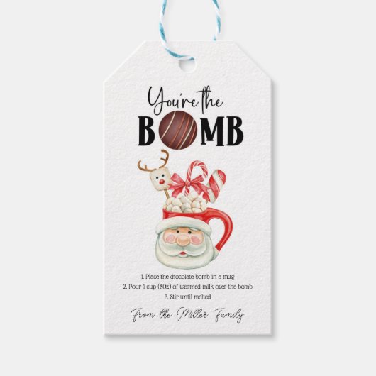 Santa Kerstwarme chocolade/cacaobomb Cadeaulabel (Voorkant)