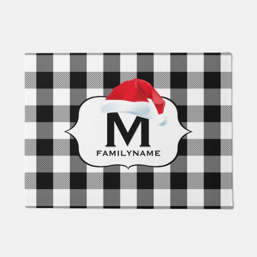Santa Kerstzwarte witte Buffalo-chequemonogram Deurmat (Voorkant)